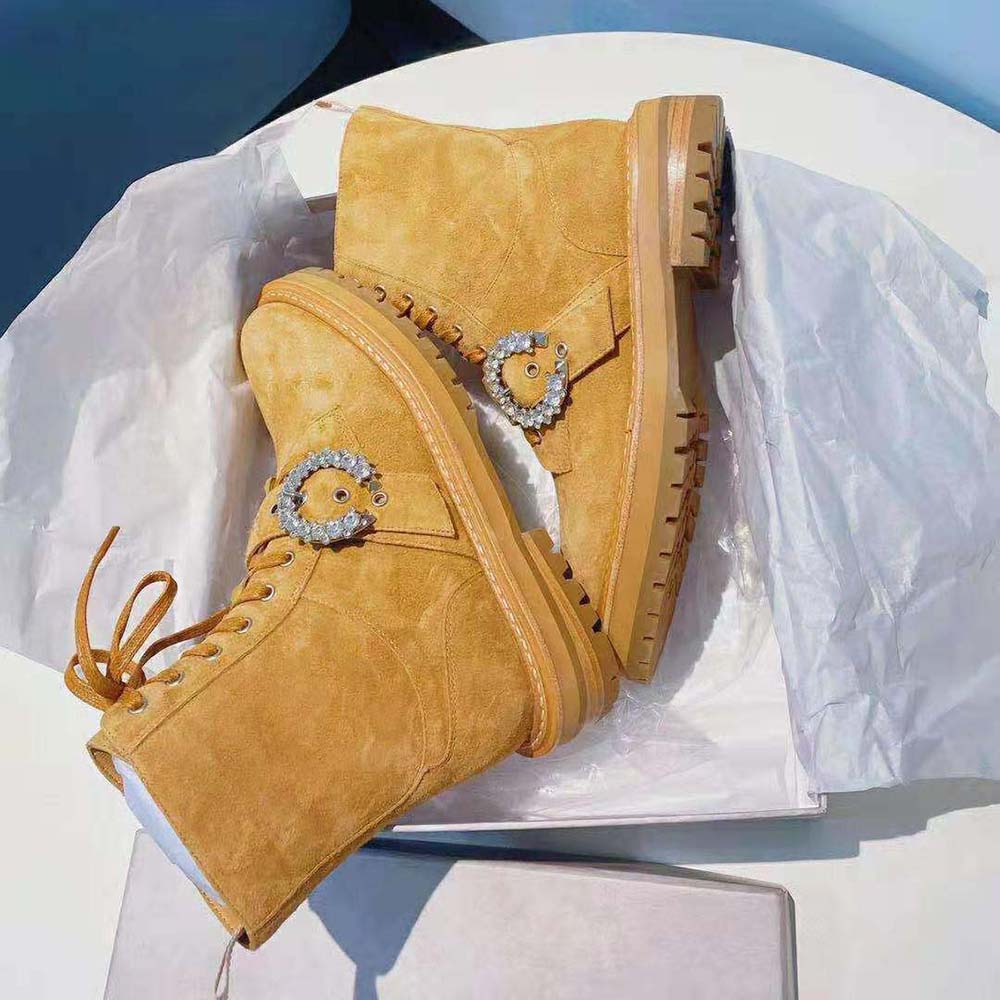 Jimmy Choo Women Cora Flat/Crystal Caramel Suede Combat Boots with Crystal Buckle - image 7