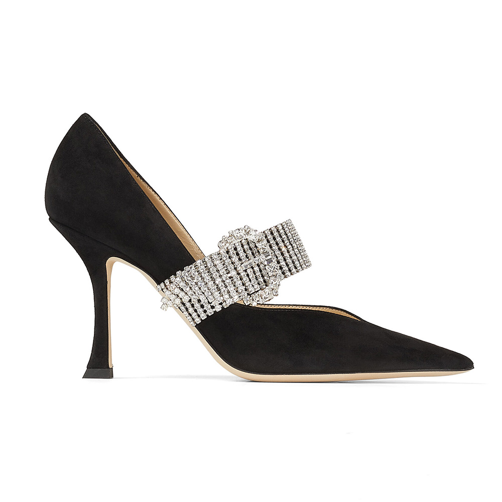 Side view of Jimmy Choo Women Kari 90 Black Suede Pumps with crystal strap