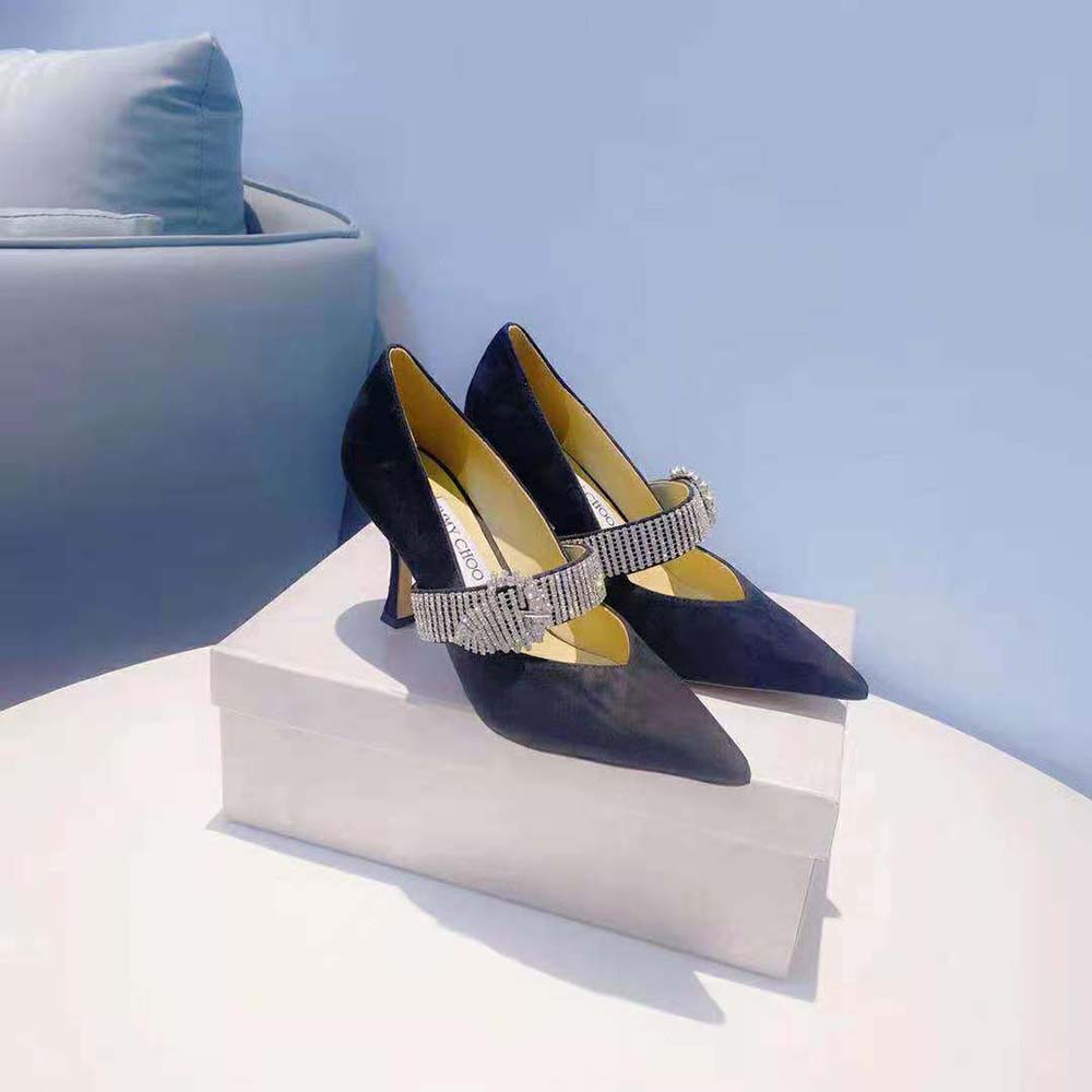 Top close-up of crystal-embellished strap on Jimmy Choo Kari 90 pumps