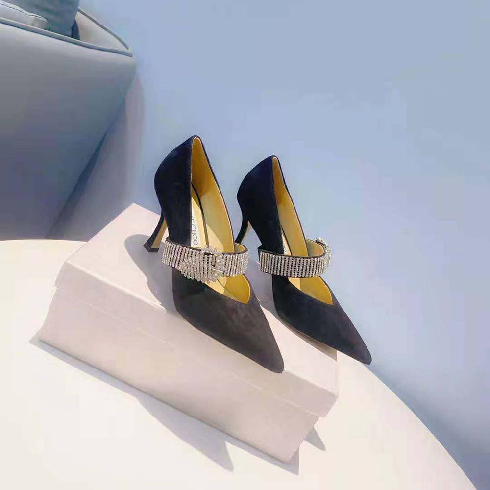 Jimmy Choo Women Kari 90 Black Suede Pumps with Crystal-Embellished Strap - image 8