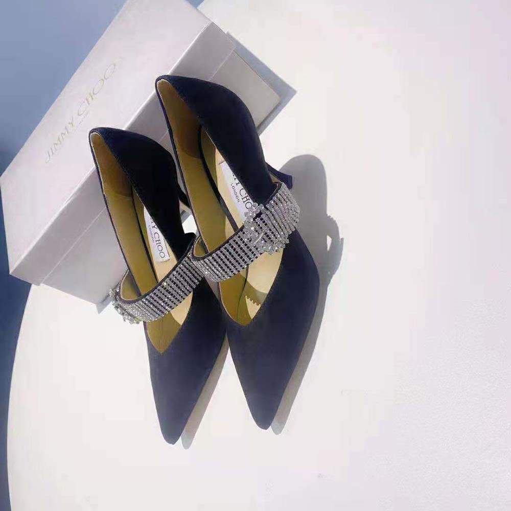 Back angle showing 90mm stiletto heel of Jimmy Choo Women Kari 90 pumps