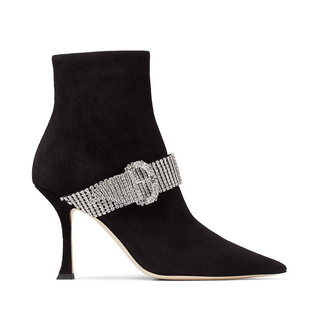 Side profile of Jimmy Choo Women Kaza 90 Black Suede Shoe Booties