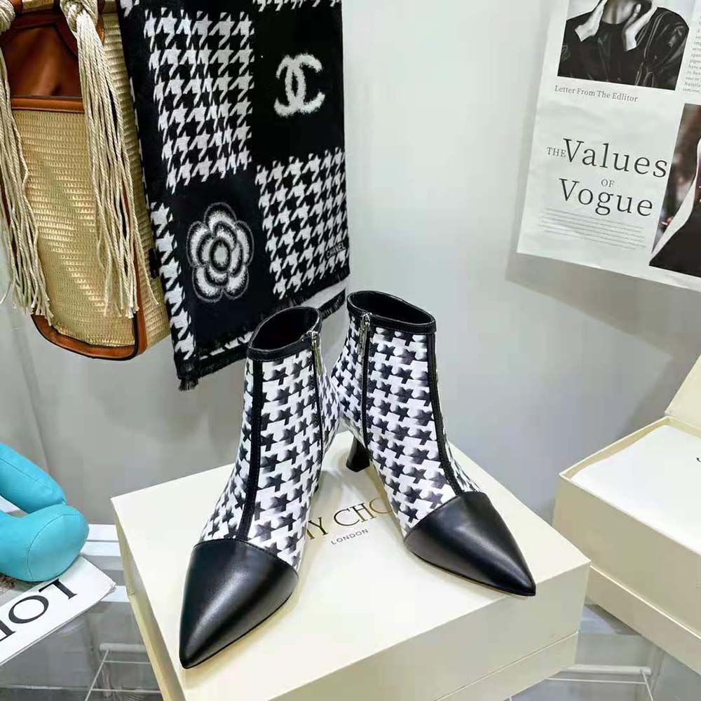 Close-up of houndstooth wool panel on Jimmy Choo Women Kix/Z 65 boots