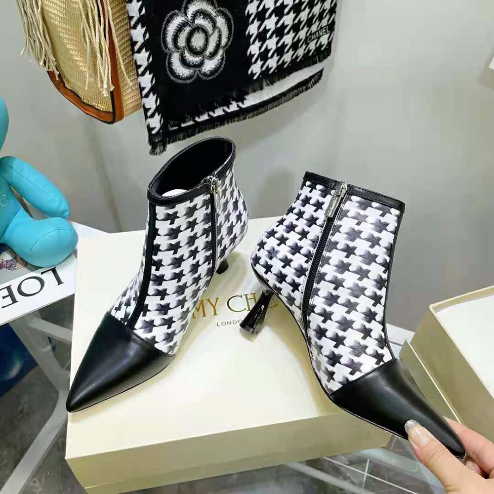 Back view showing 65mm heel on Jimmy Choo Women Kix/Z 65 ankle boots