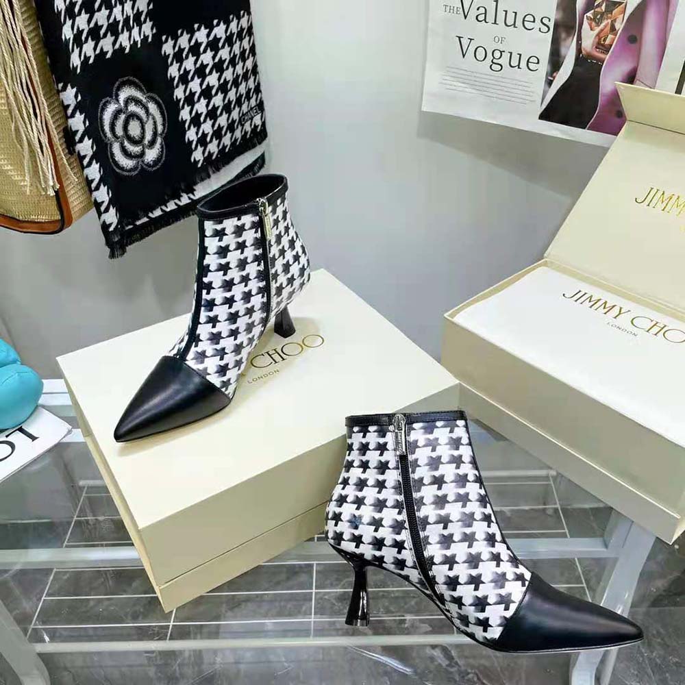 Jimmy Choo Women Kix/Z 65 Black Nappa and Latte and Black Star Houndstooth Printed Wool Ankle Boots - image 6