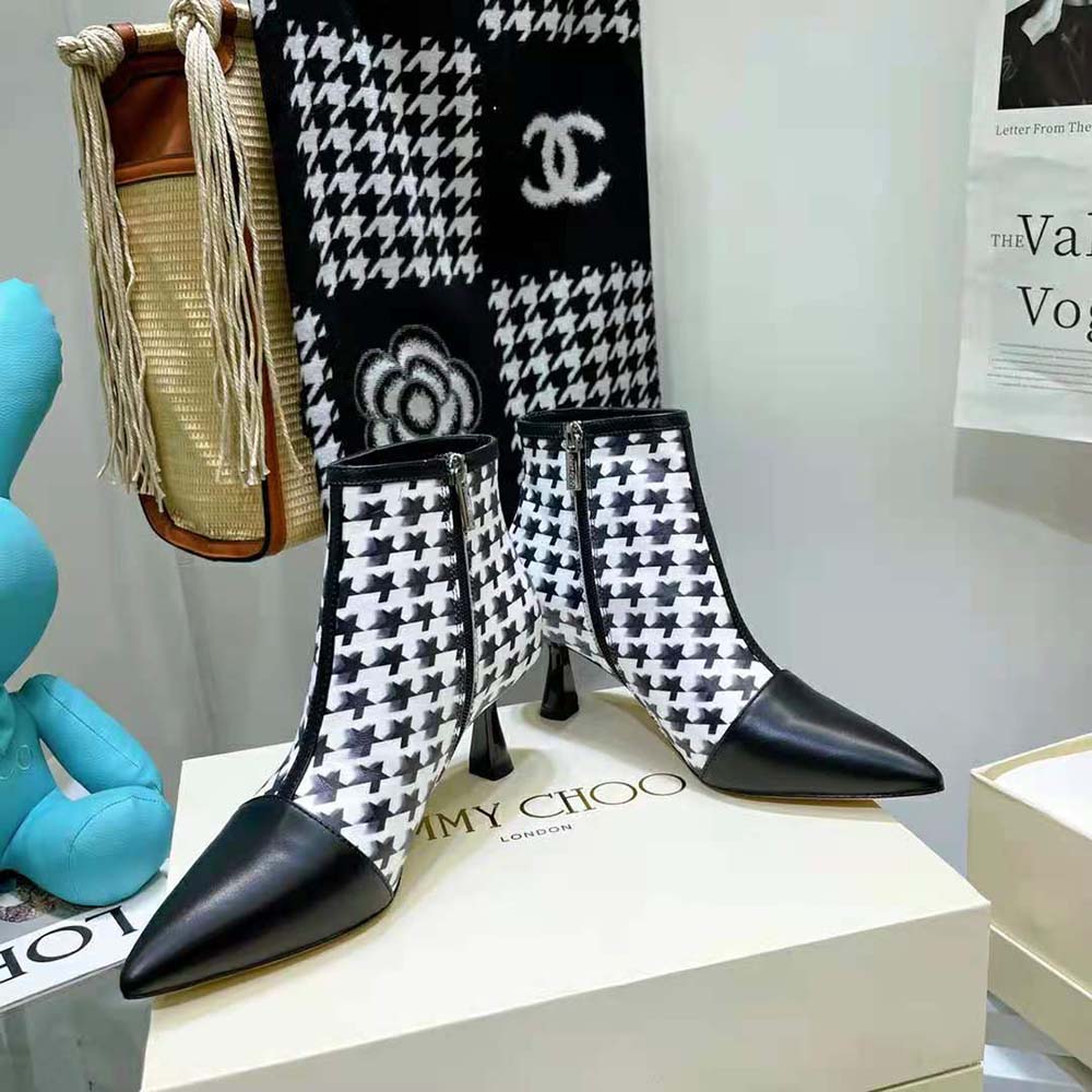Jimmy Choo Women Kix/Z 65 Black Nappa and Latte and Black Star Houndstooth Printed Wool Ankle Boots - image 5