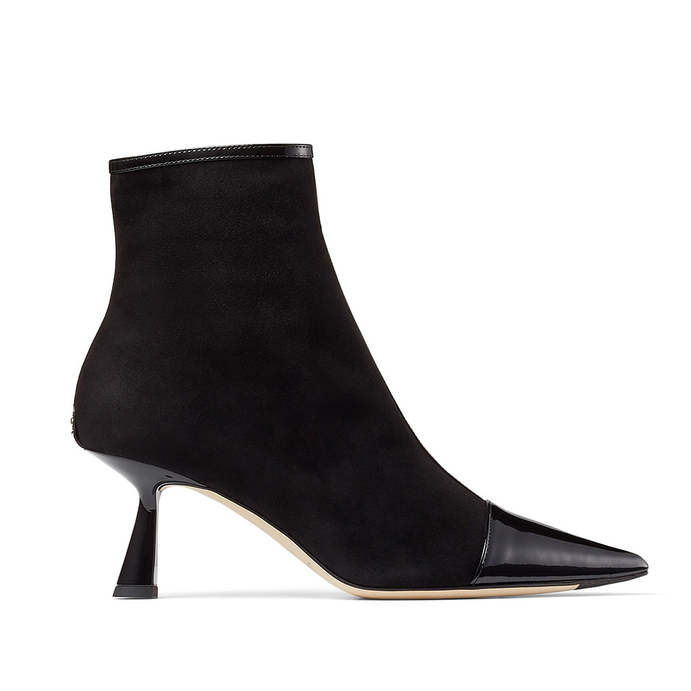 Side view of Jimmy Choo Women Kix/Z 65 Black Patent and Suede Ankle Boots
