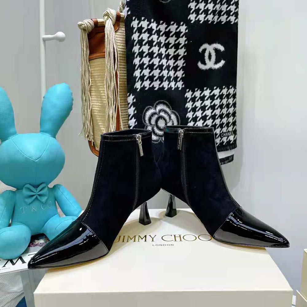 Close-up on zip and patent-suede contrast, Jimmy Choo Kix/Z 65 boots