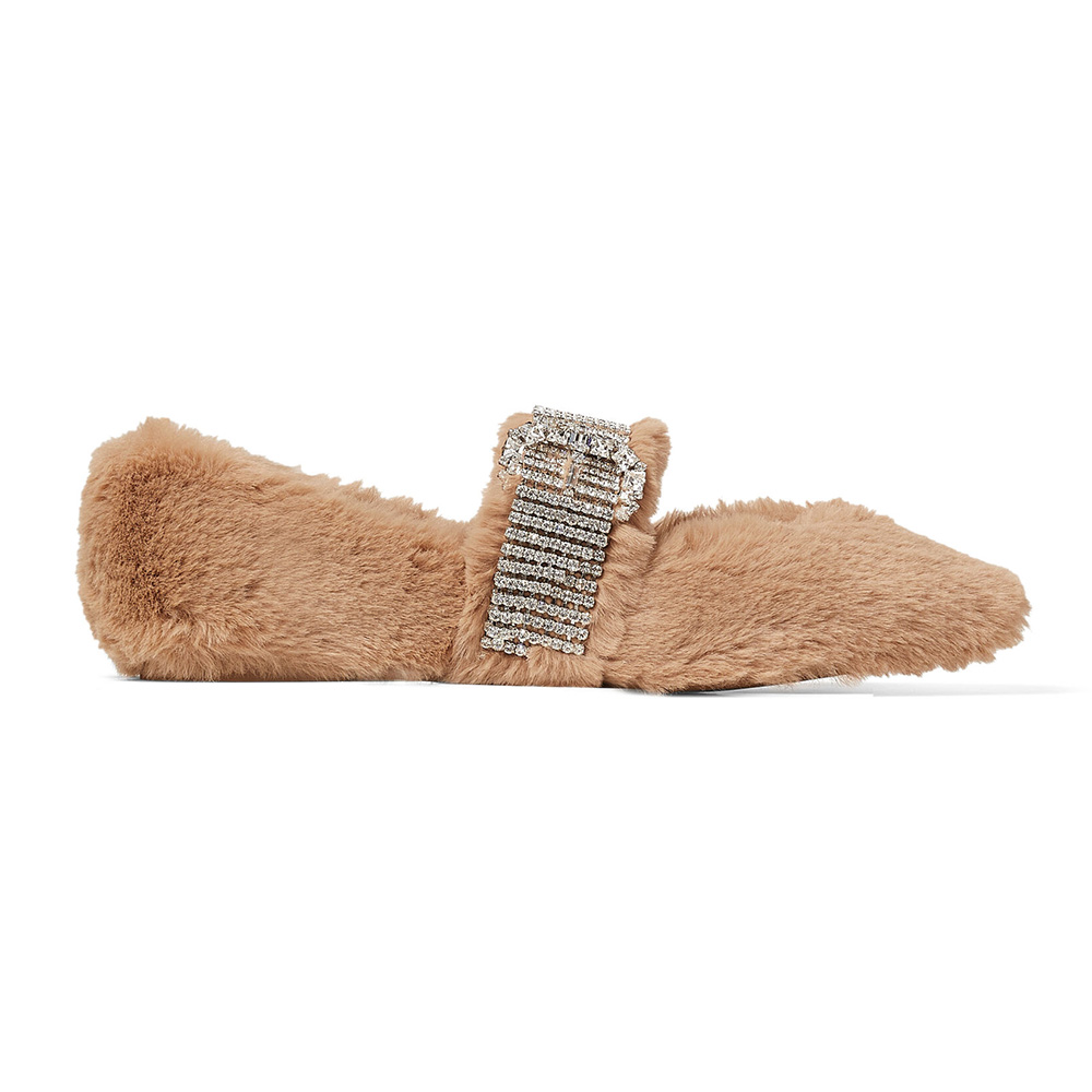 Front angle view of Jimmy Choo Women Krista Flat Latte Faux Fur Flats