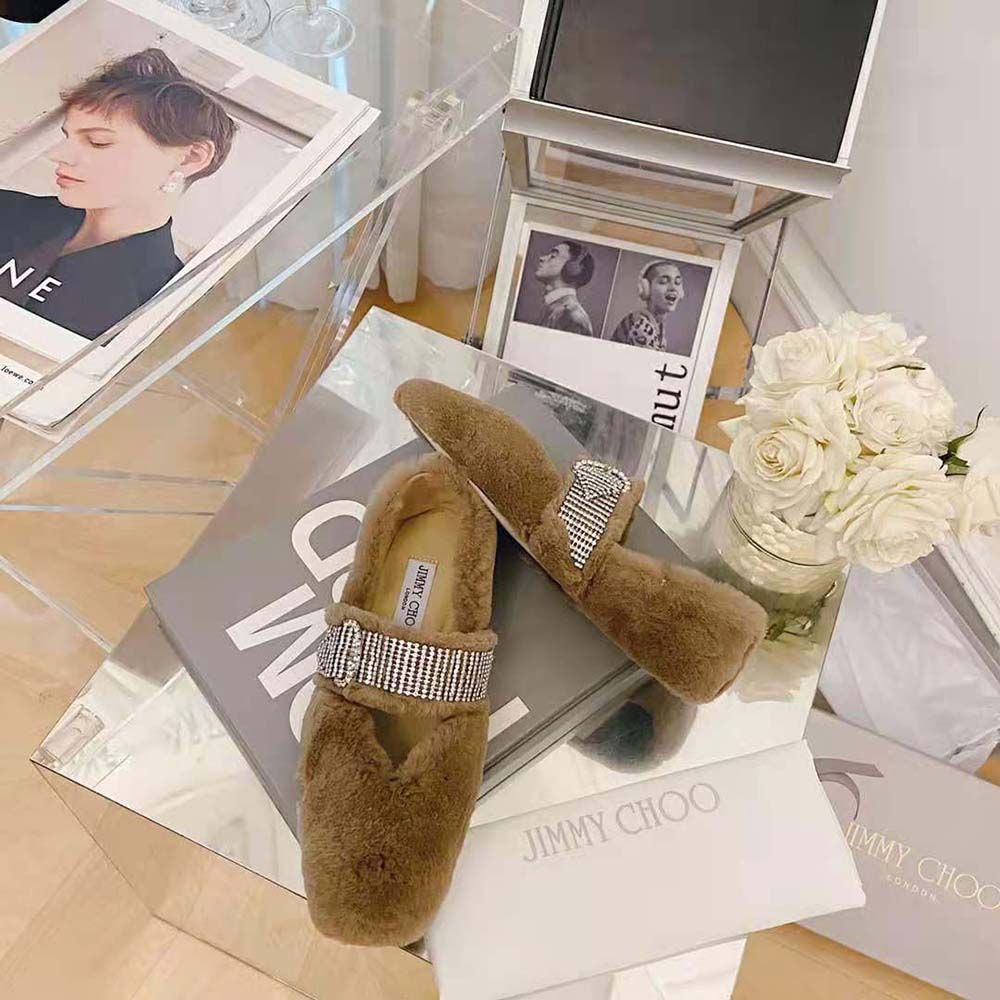 Jimmy Choo Women Krista Flat Latte Faux Fur Flats with Crystal-Embellished Strap - image 7
