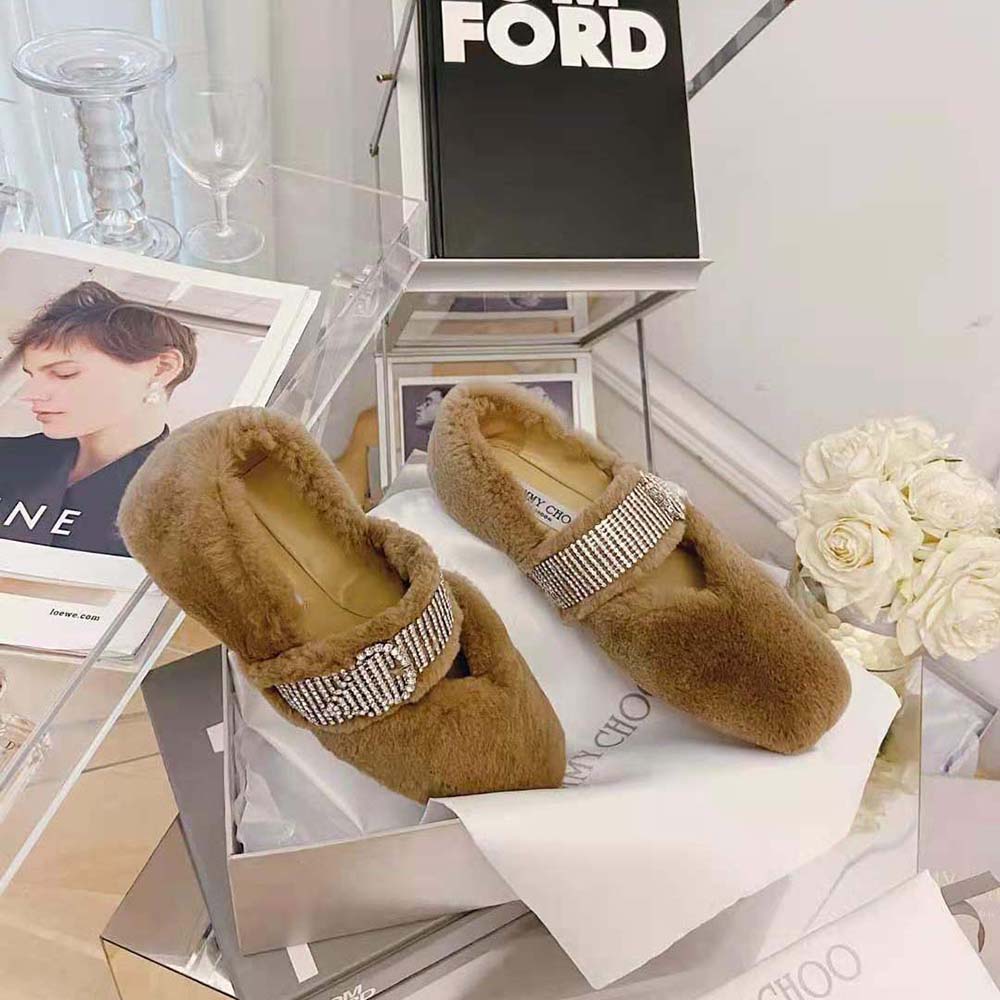 Jimmy Choo Women Krista Flat Latte Faux Fur Flats with Crystal-Embellished Strap - image 6