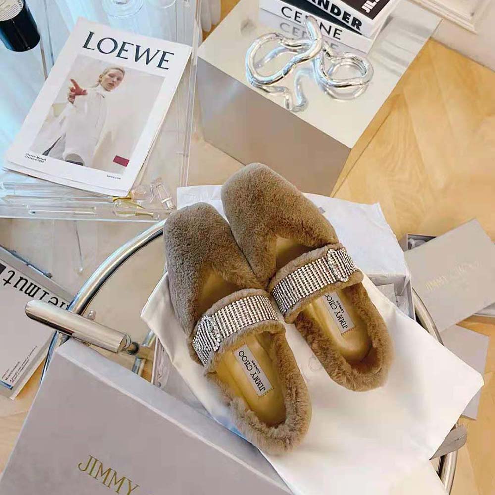 Jimmy Choo Women Krista Flat Latte Faux Fur Flats with Crystal-Embellished Strap - image 5