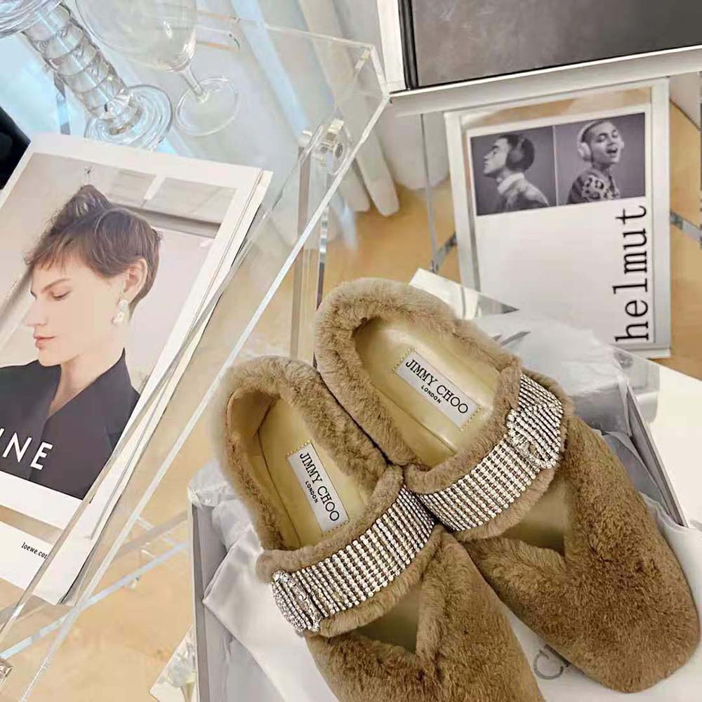 Jimmy Choo Women Krista Flat Latte Faux Fur Flats with Crystal-Embellished Strap - image 4