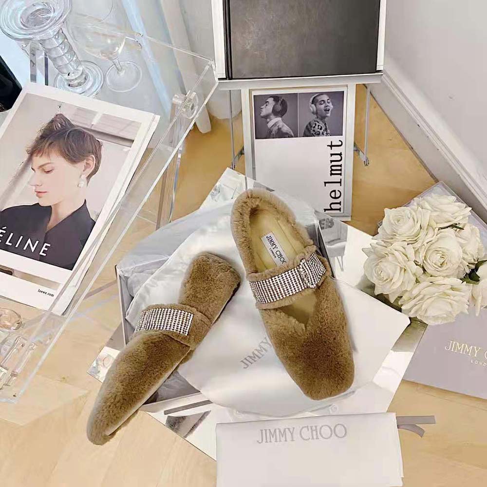 Side profile showcasing latte faux fur texture on Jimmy Choo Krista flats