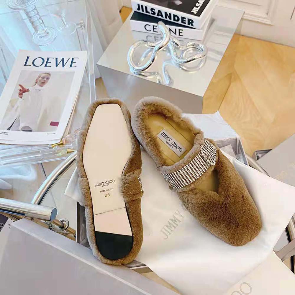 Jimmy Choo Women Krista Flat Latte Faux Fur Flats with Crystal-Embellished Strap - image 8