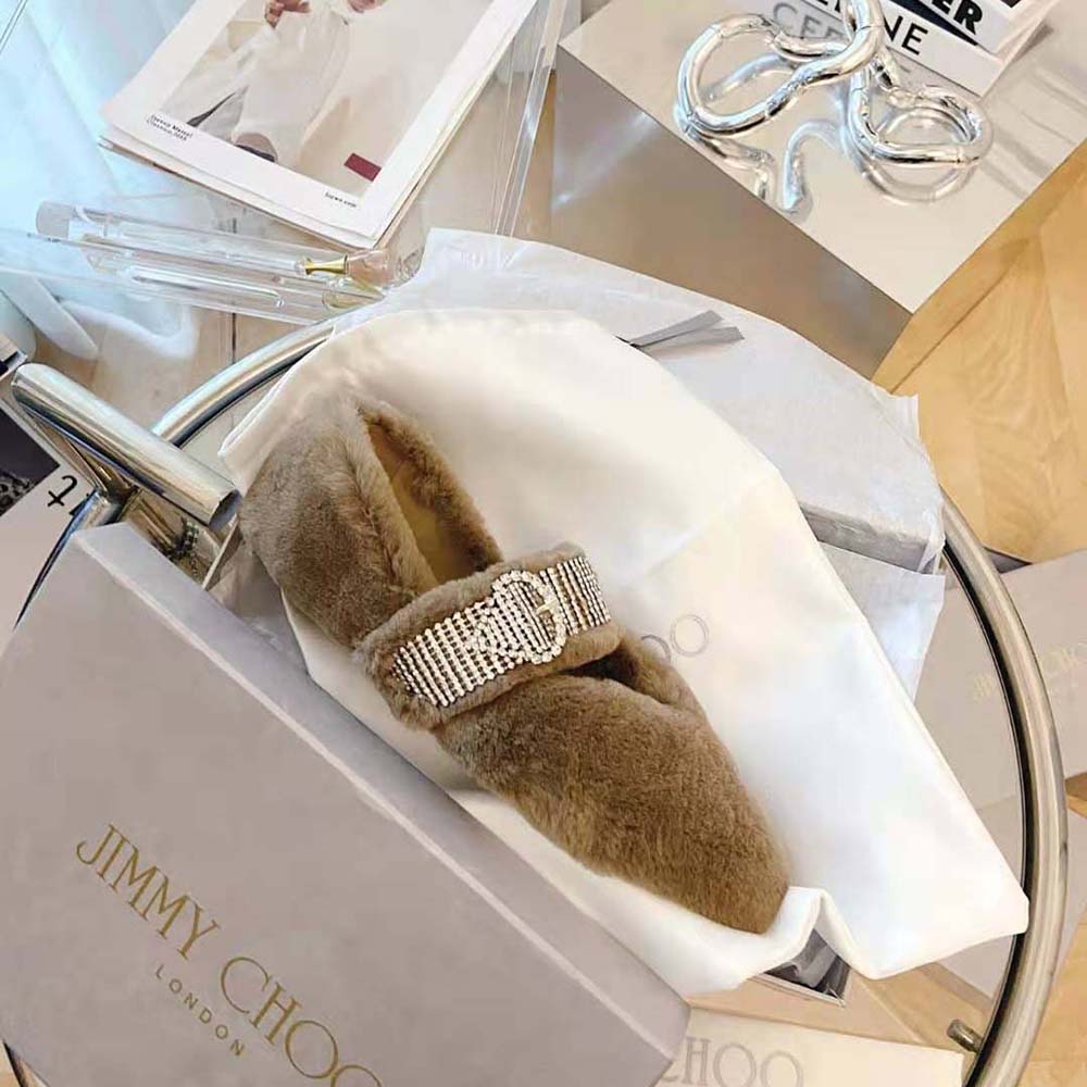 Jimmy Choo Women Krista Flat Latte Faux Fur Flats with Crystal-Embellished Strap - image 9