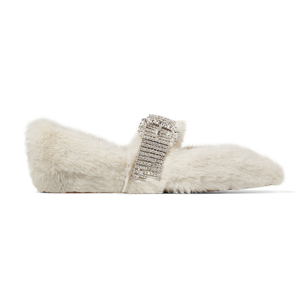 Side profile of Jimmy Choo Women Krista Flat Teddy Faux Fur Flats white loafer