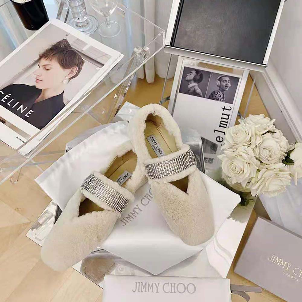 Jimmy Choo Women Krista Flat Teddy Faux Fur Flats with Crystal-Embellished Strap - image 5