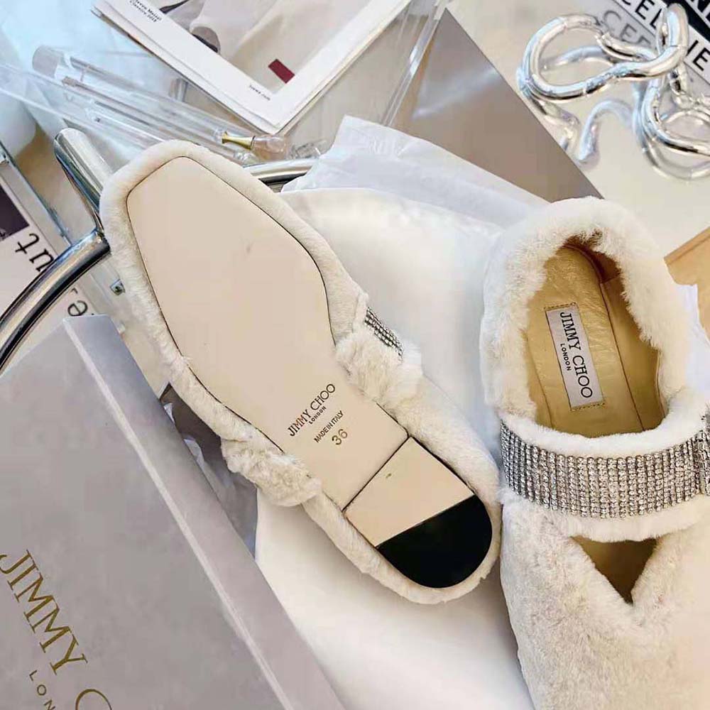 Jimmy Choo Women Krista Flat Teddy Faux Fur Flats with Crystal-Embellished Strap - image 9