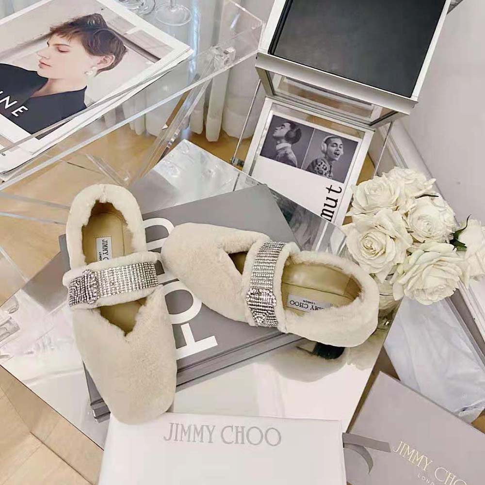 Top view showing plush teddy faux fur texture on Jimmy Choo Krista Flats