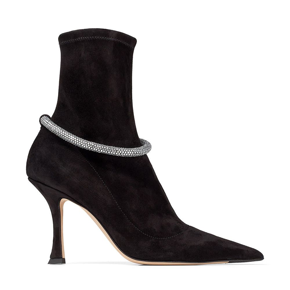 Side view of Jimmy Choo Women Leroy 90 Black Suede Sock Boots with crystal detail