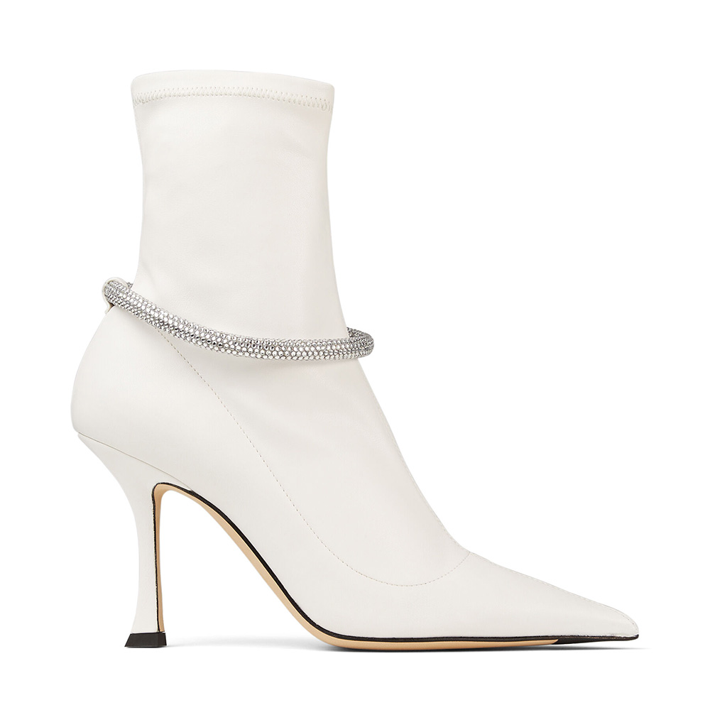 Front view of Jimmy Choo Women Leroy 90 Latte Sock Boots with crystals
