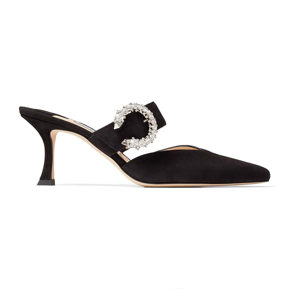 Side profile of Jimmy Choo Women Marta 70 Black Suede Mules with Crystal Buckle