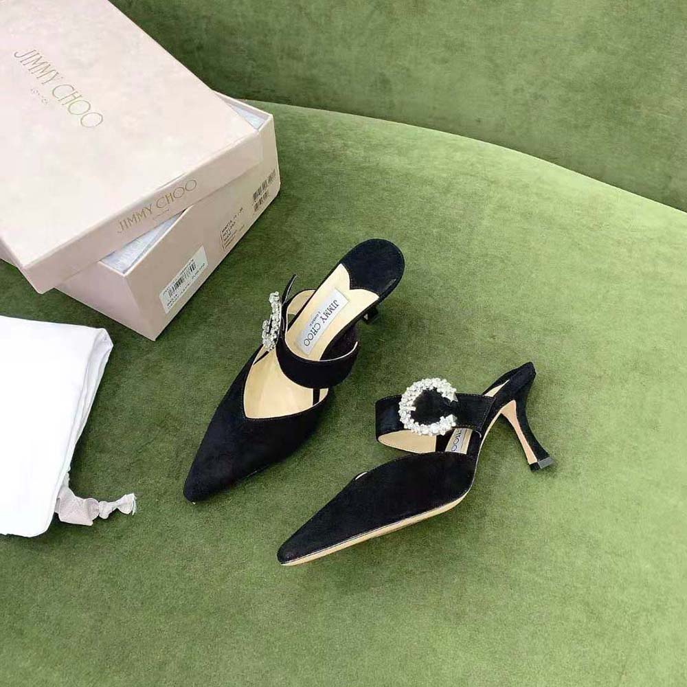 Jimmy Choo Women Marta 70 Black Suede Mules with Crystal Buckle - image 4