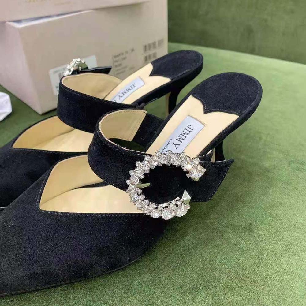 Jimmy Choo Women Marta 70 Black Suede Mules with Crystal Buckle - image 9