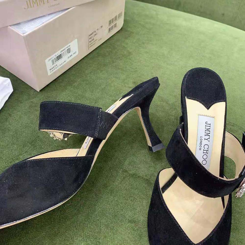 Jimmy Choo Women Marta 70 Black Suede Mules with Crystal Buckle - image 6