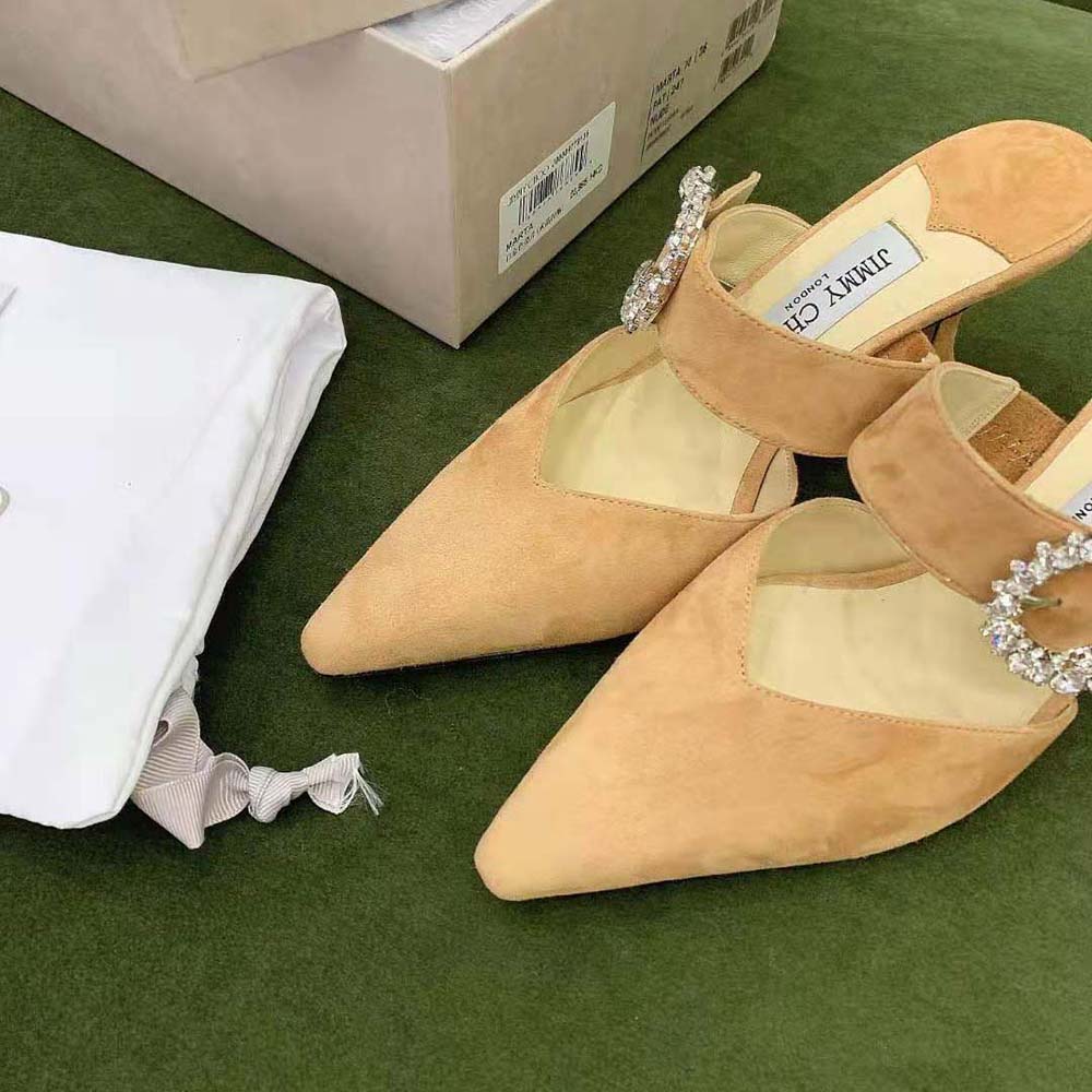 Jimmy Choo Women Marta 70 Caramel Suede Mules with Crystal Buckle - image 10