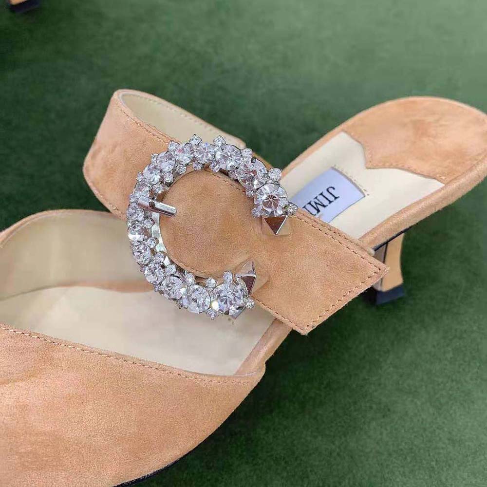 Jimmy Choo Women Marta 70 Caramel Suede Mules with Crystal Buckle - image 8