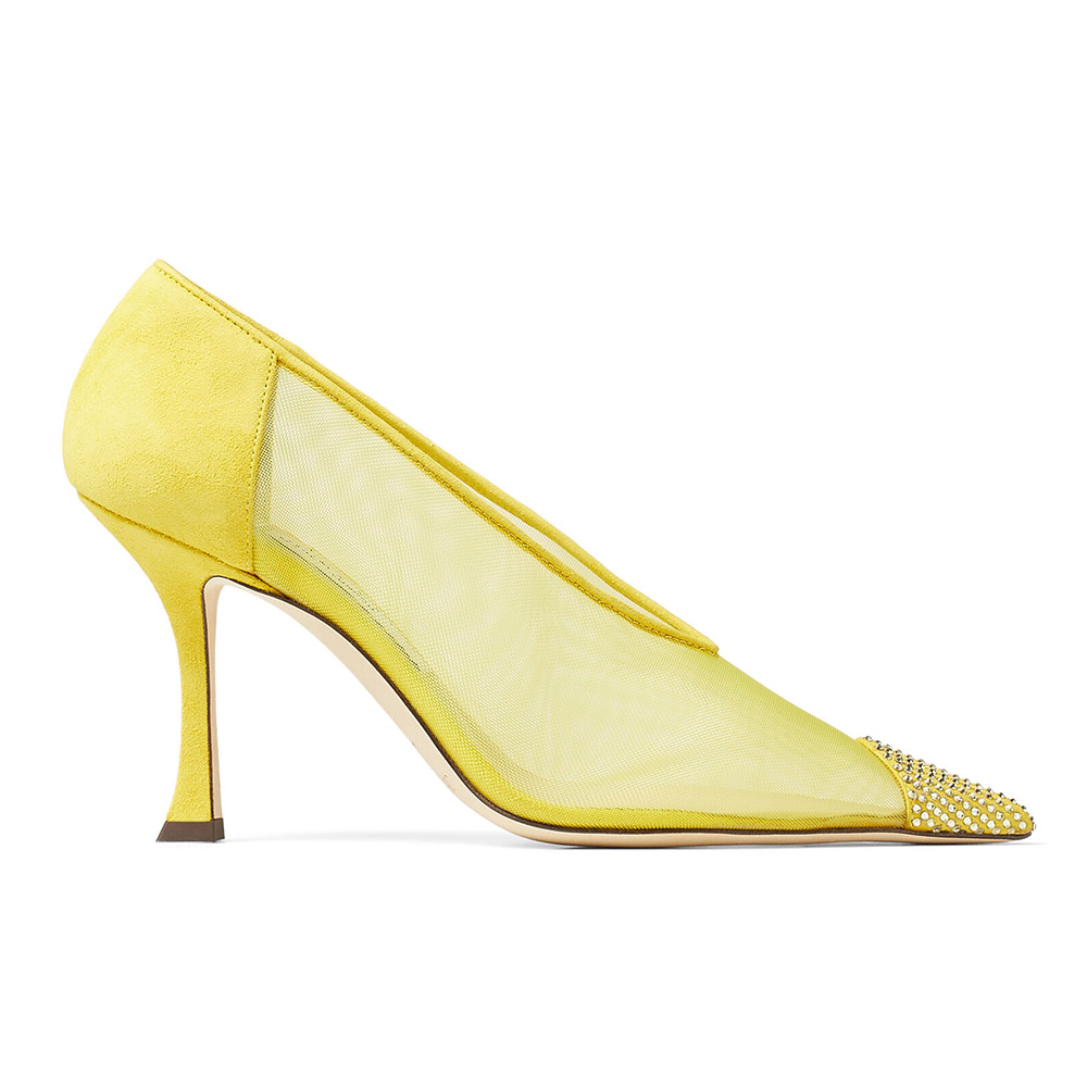 Side view of Jimmy Choo Women Nicole 90 Yellow Mesh and Suede Pumps