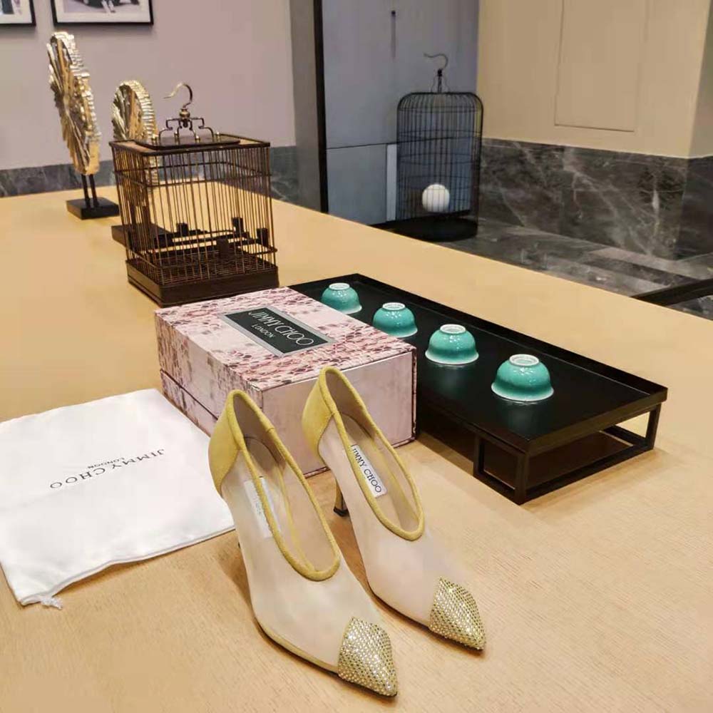 Top-down angle showing pointed toe on Jimmy Choo Nicole 90 pumps