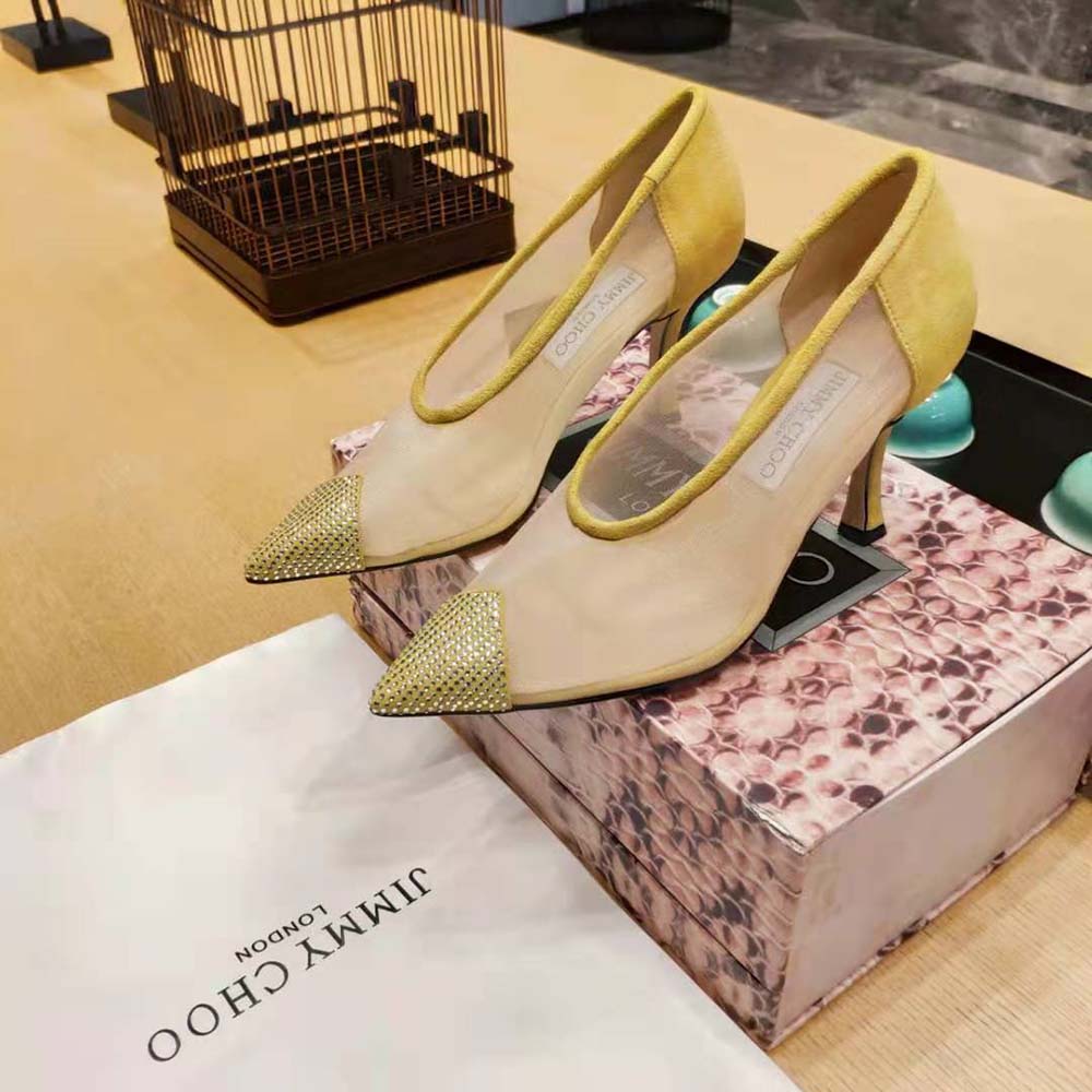 Jimmy Choo Women Nicole 90 Yellow Mesh and Suede Pumps with Crystal Embellishment - image 5