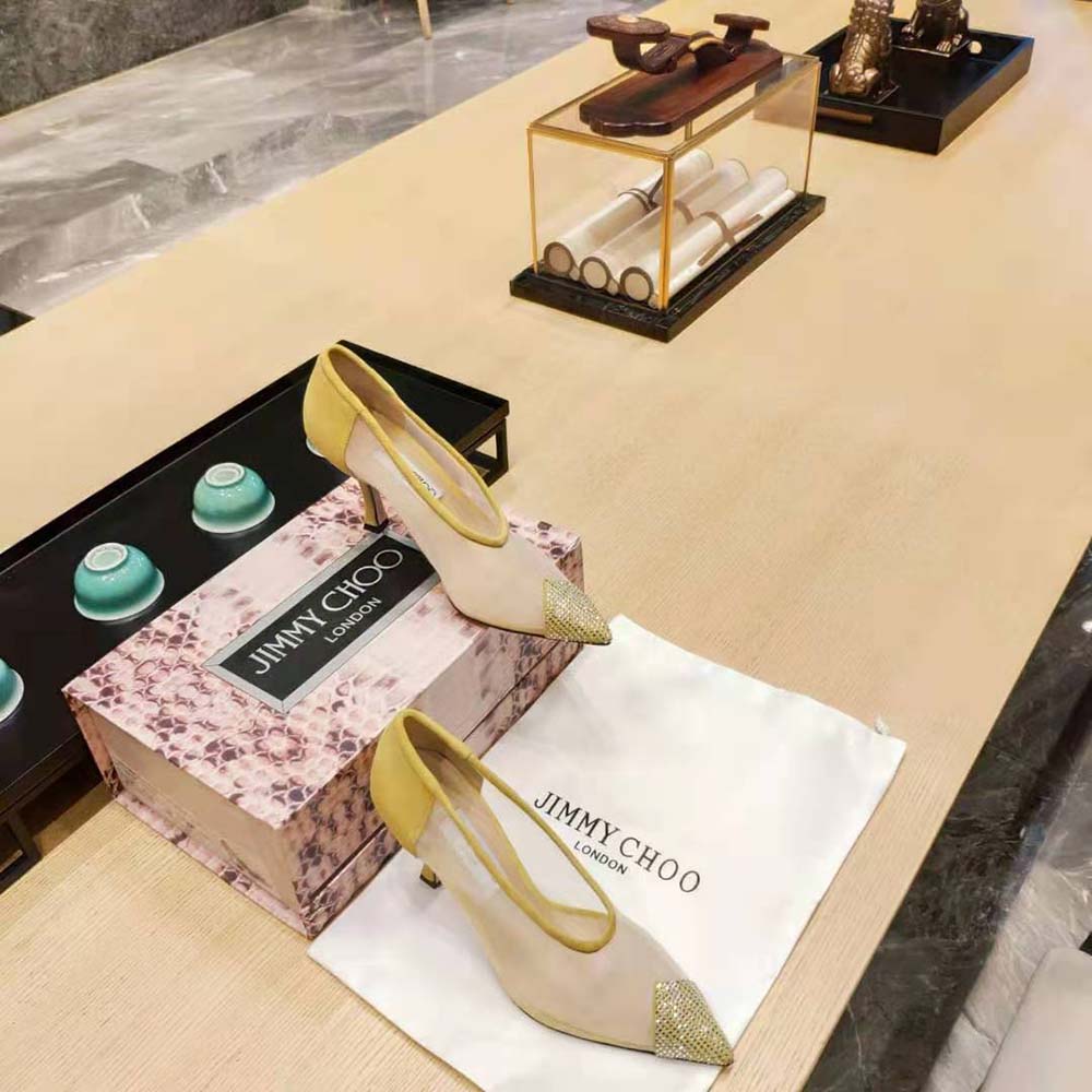 Jimmy Choo Women Nicole 90 Yellow Mesh and Suede Pumps with Crystal Embellishment - image 4