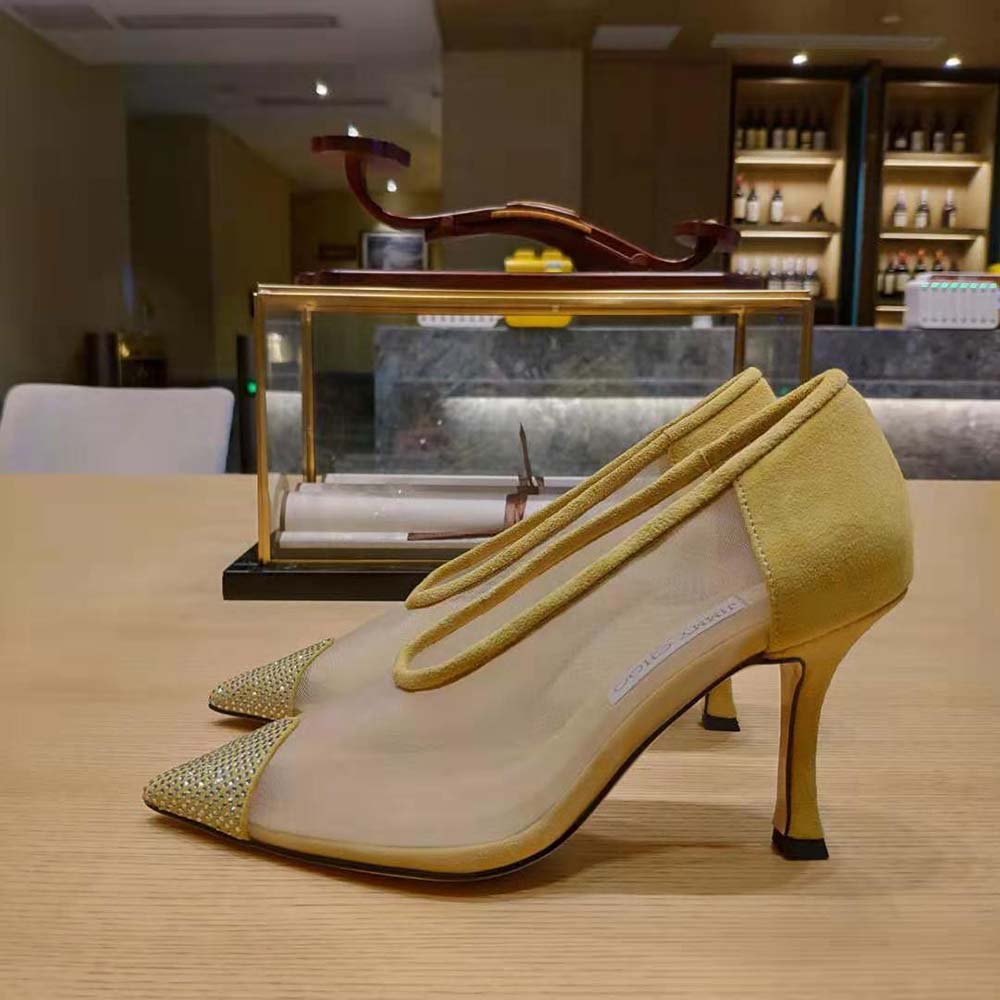 Jimmy Choo Women Nicole 90 Yellow Mesh and Suede Pumps with Crystal Embellishment - image 7