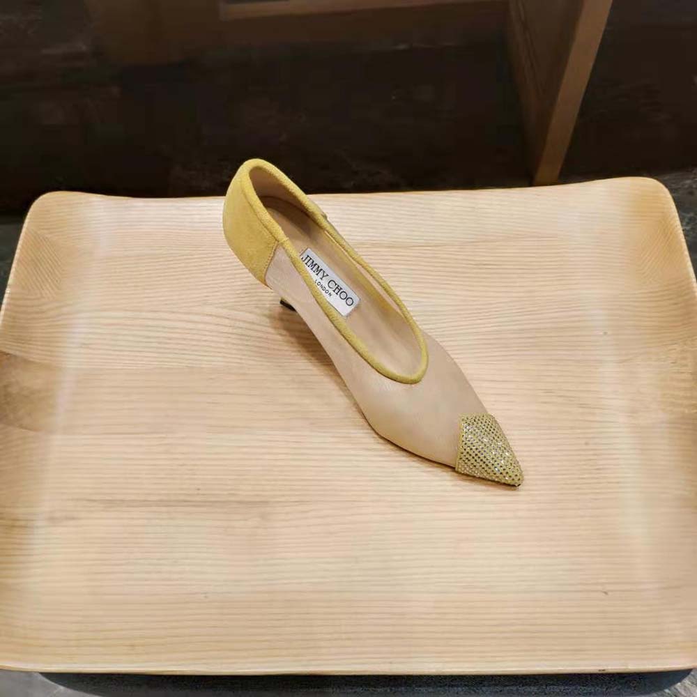 Jimmy Choo Women Nicole 90 Yellow Mesh and Suede Pumps with Crystal Embellishment - image 10
