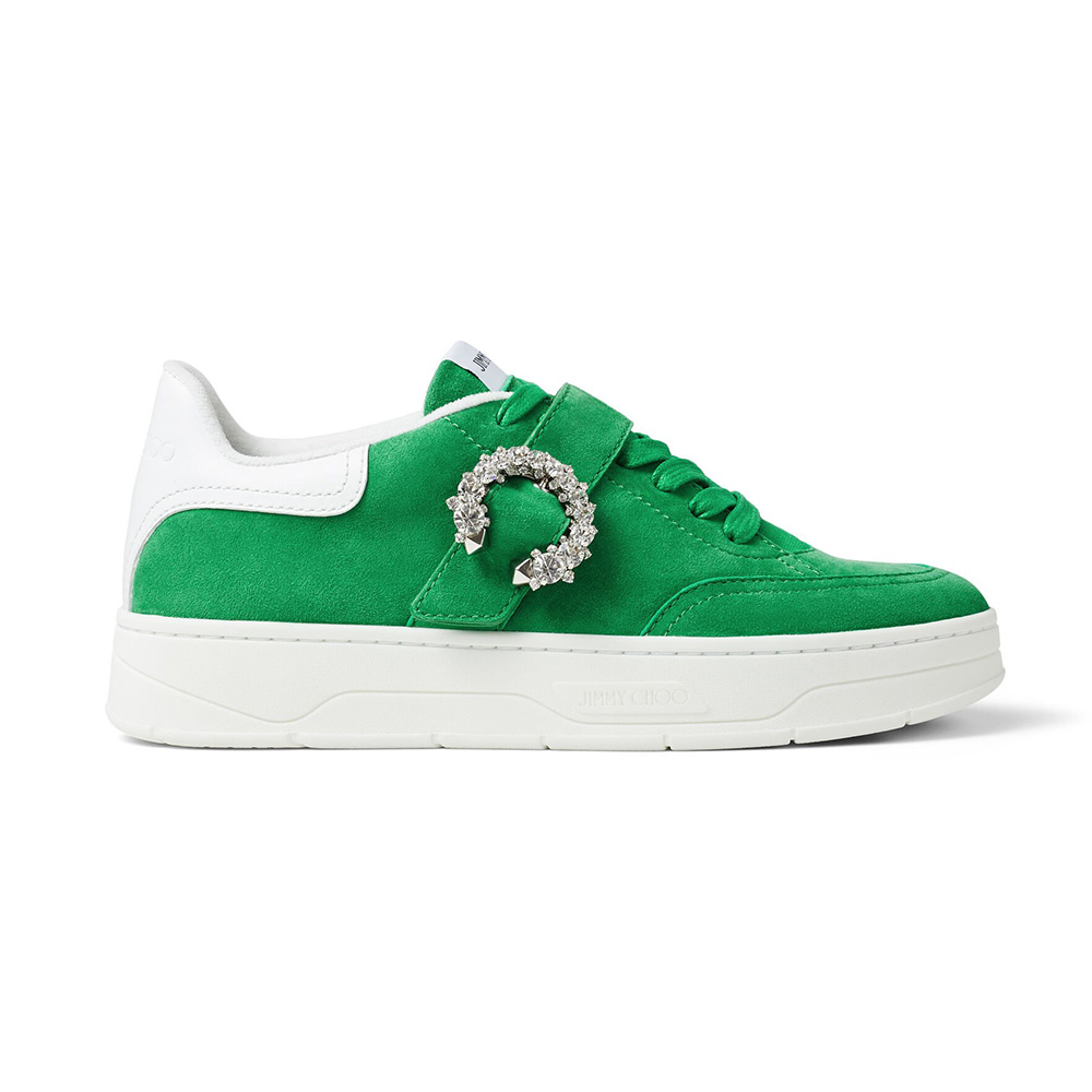 Side profile of Jimmy Choo Women Osaka Lace up Malachite Suede and White Calf Leather Low Top Trainers