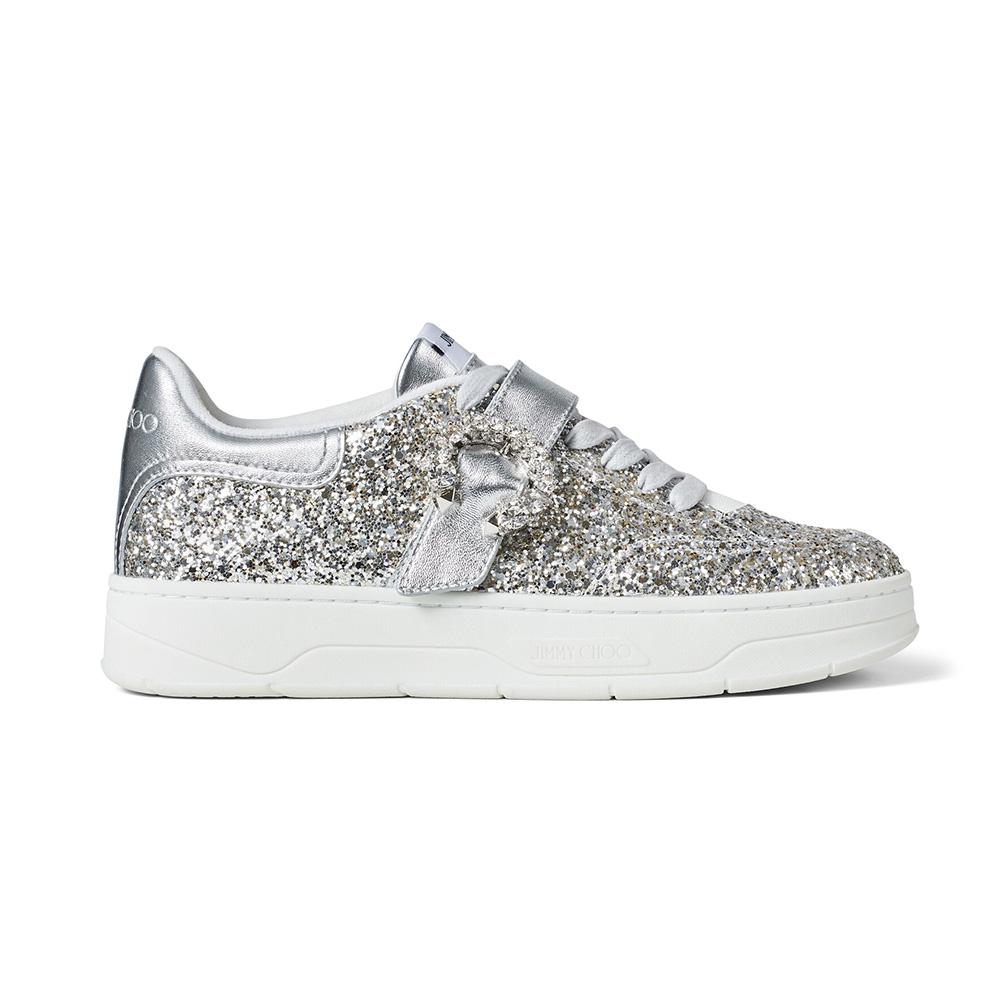 Side profile of Jimmy Choo Women Osaka Lace up Platinum Dazzling Coarse Glitter Fabric Low Top Trainers