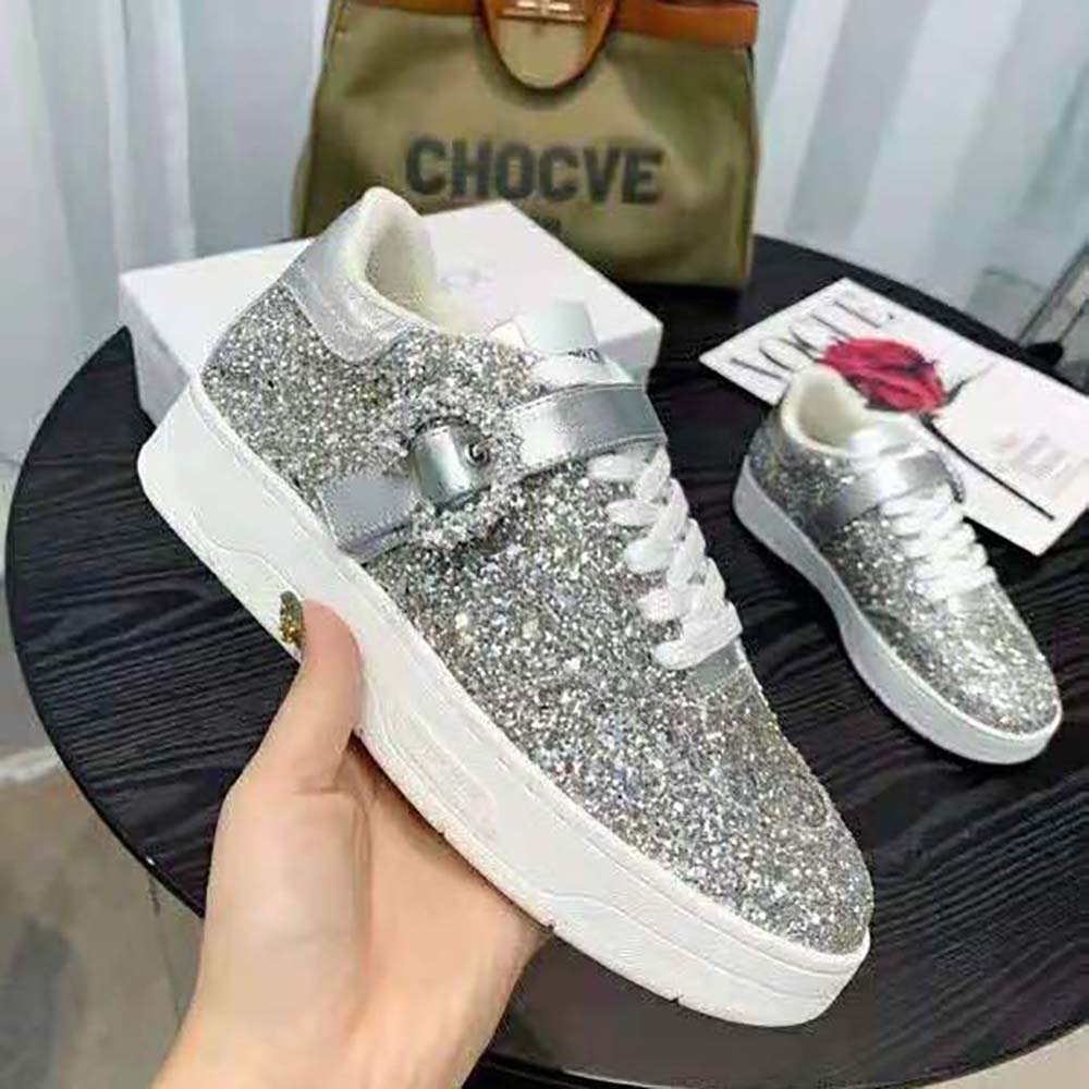 Jimmy Choo Women Osaka Lace up Platinum Dazzling Coarse Glitter Fabric Low Top Trainers - image 7