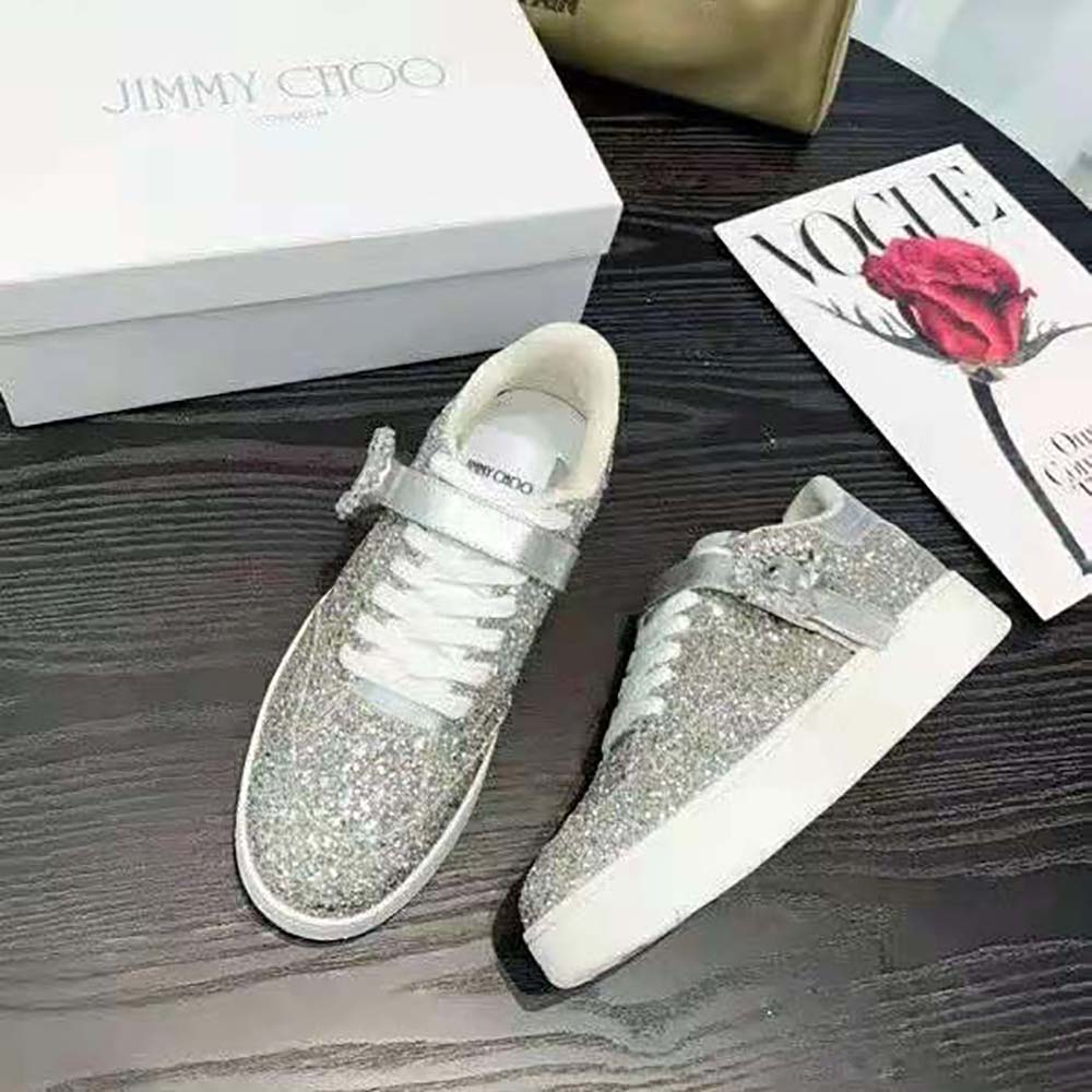 Jimmy Choo Women Osaka Lace up Platinum Dazzling Coarse Glitter Fabric Low Top Trainers - image 5
