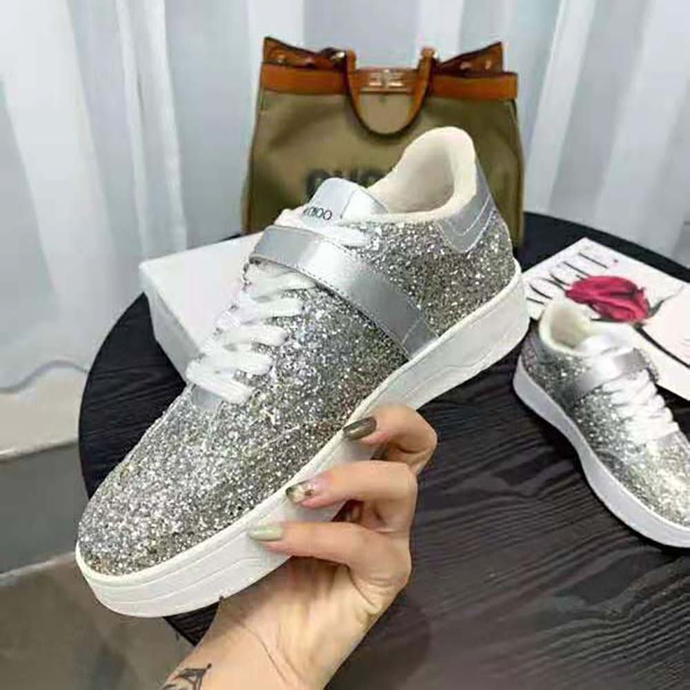 Jimmy Choo Women Osaka Lace up Platinum Dazzling Coarse Glitter Fabric Low Top Trainers - image 6