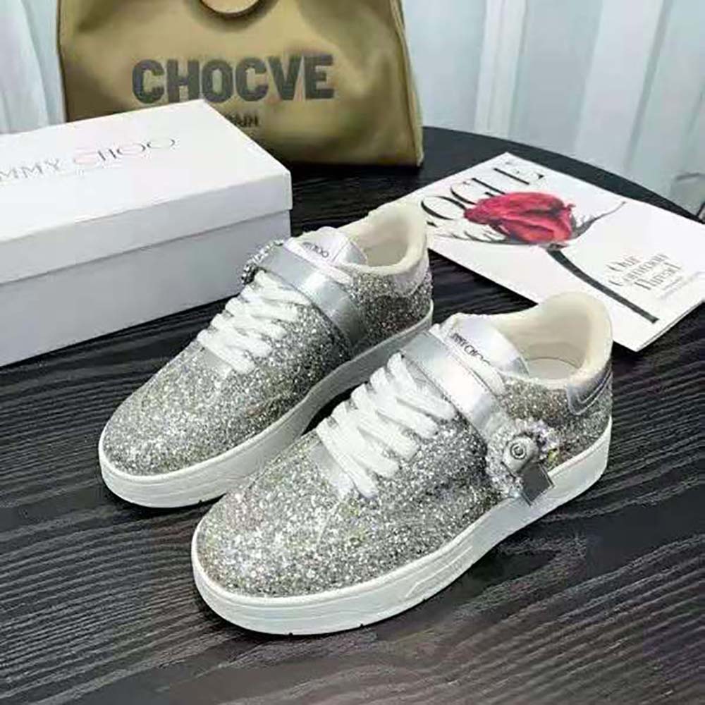 Jimmy Choo Women Osaka Lace up Platinum Dazzling Coarse Glitter Fabric Low Top Trainers - image 4
