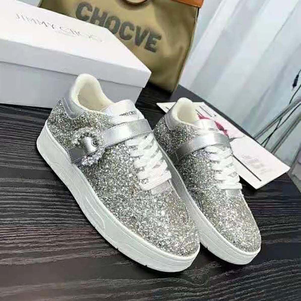 Rear view showing signature Jimmy Choo logo hardware on Osaka glitter trainers