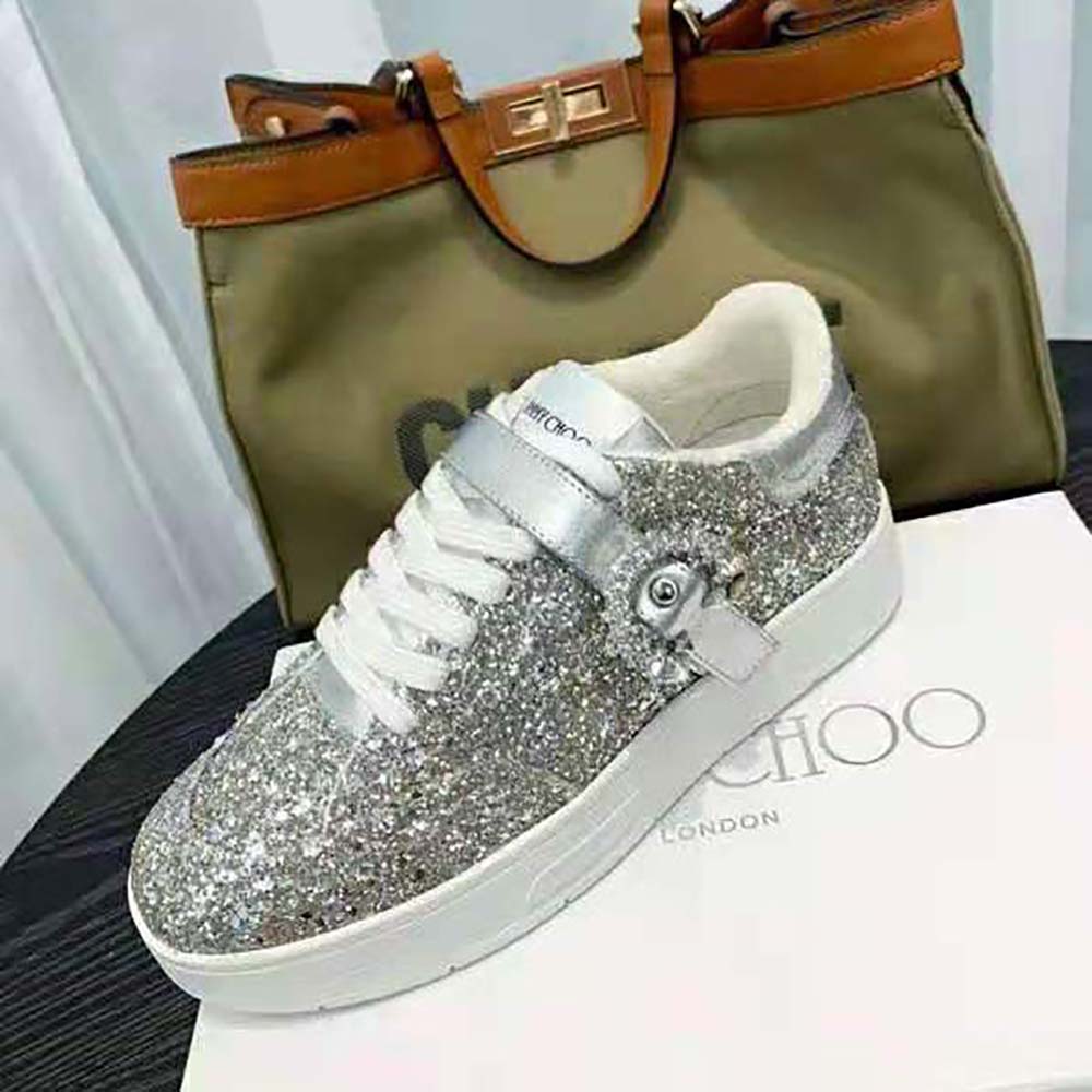 Jimmy Choo Women Osaka Lace up Platinum Dazzling Coarse Glitter Fabric Low Top Trainers - image 8