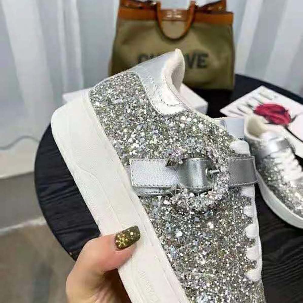 Jimmy Choo Women Osaka Lace up Platinum Dazzling Coarse Glitter Fabric Low Top Trainers - image 9
