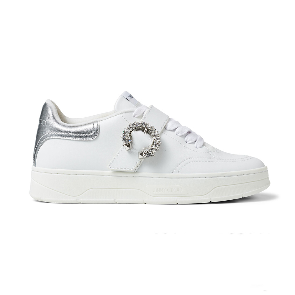 Side view of Jimmy Choo Women Osaka lace-up trainers in white calf leather