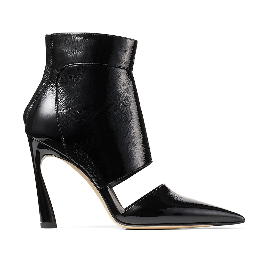 Side profile of Jimmy Choo Women Tara 100 Black Naplack Cut Out Ankle Boots