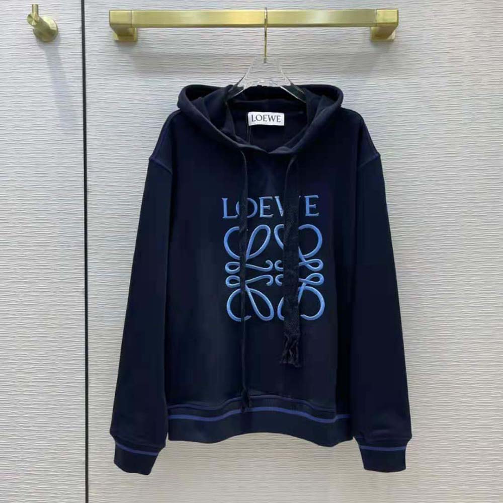 Close-up of embroidered Anagram detail on Loewe Cotton-Navy hoodie